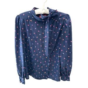 SASSON Vintage Navy Geometric Print Bow Tie Blouse Top Retro Secretary | Size 12